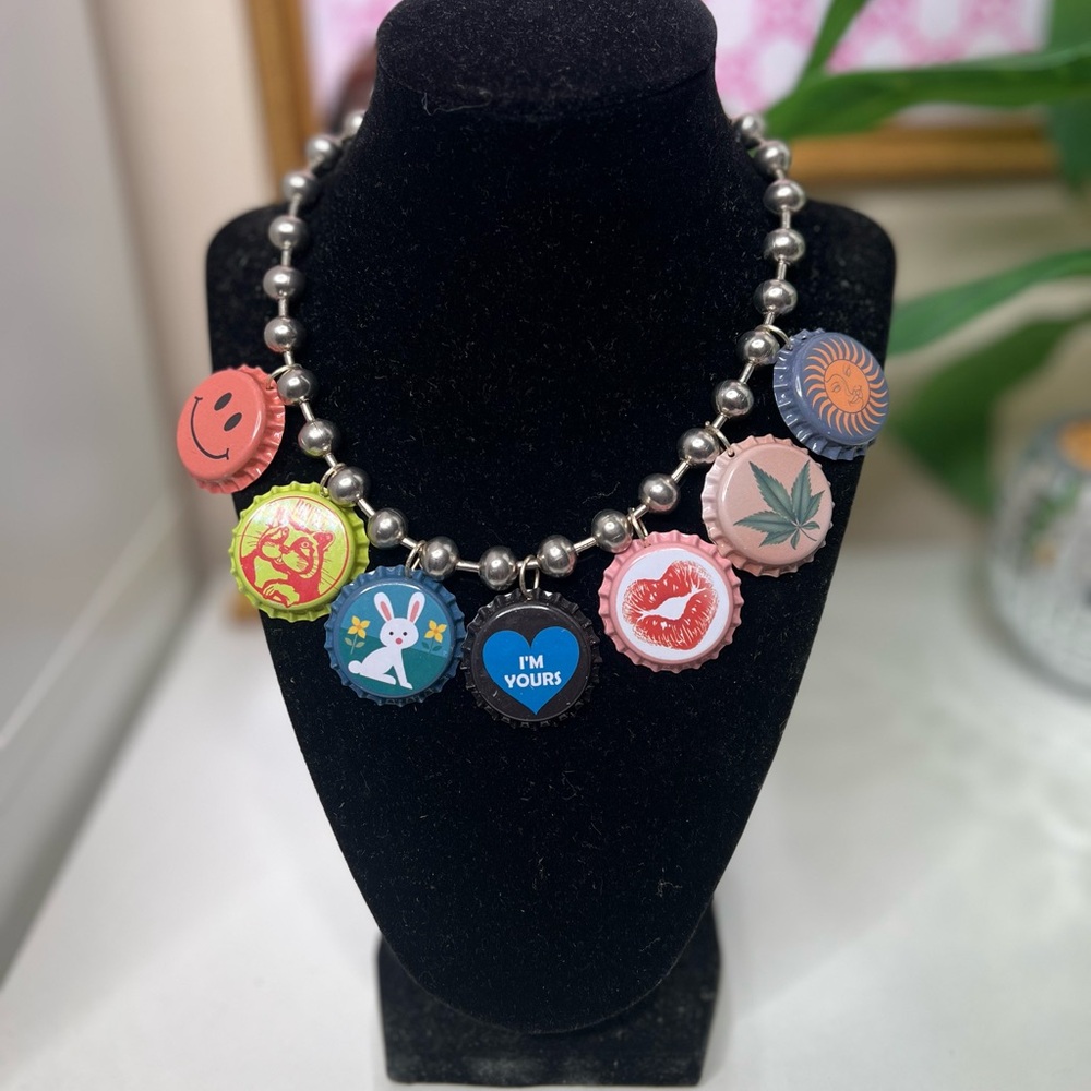 Bottle cap Necklace with Beaded Chain